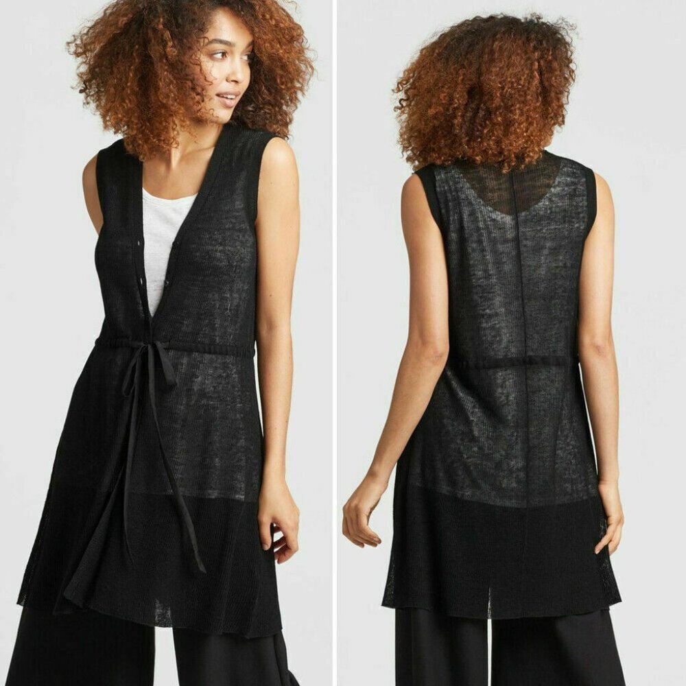 Eileen Fisher Black Long Organic Linen Tencel Belted Vest